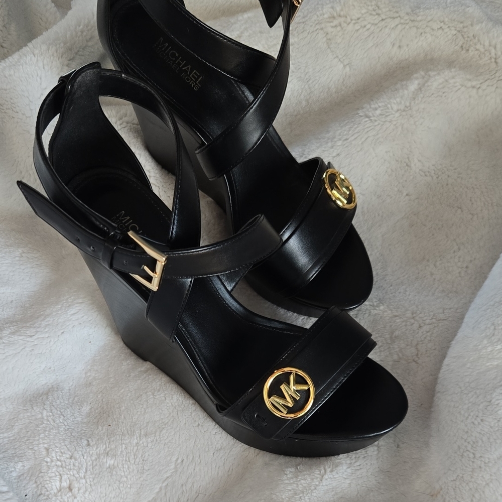 Michael Kors Black Wedges with Gold Accents